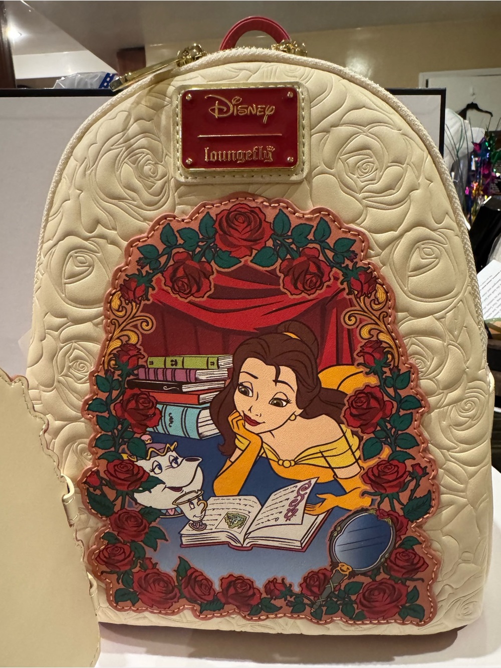 Loungefly Disney Belle Cream Floral Bookstack Mini Backpack - Picture 2 of 7